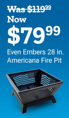 Was one hundred nineteen dollars and ninety-nine cents. Now seventy-nine dollars and ninety-nine cents. Even Embers twenty-eight inch Americana fire pit. A black square fire pit featuring American flag cutout designs is shown.