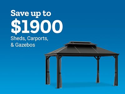 Save up to $1,900 on sheds, carports, and gazebos. Featured outdoor structure shown.