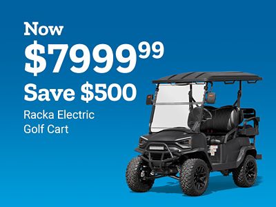 Now seven thousand nine hundred ninety-nine dollars and ninety-nine cents. Save five hundred dollars. Racka electric golf cart. A black four-seat electric golf cart with a roof and off-road tires is shown.
