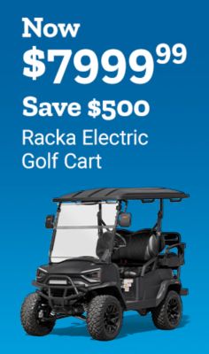 Now seven thousand nine hundred ninety-nine dollars and ninety-nine cents. Save five hundred dollars. Racka electric golf cart. A black four-seat electric golf cart with a roof and off-road tires is shown.