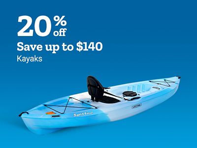 Twenty percent off. Save up to one hundred forty dollars on kayaks. A light blue Lifetime Spitfire kayak with a black seat is shown.
