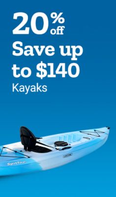 Twenty percent off. Save up to one hundred forty dollars on kayaks. A light blue Lifetime Spitfire kayak with a black seat is shown.