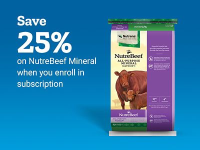 Save twenty-five percent on NutreBeef mineral when you enroll in a subscription. A bag of NutreBeef all-purpose mineral cattle supplement featuring a cow and calf is shown.