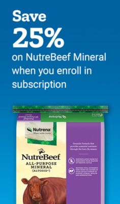 Save twenty-five percent on NutreBeef mineral when you enroll in a subscription. A bag of NutreBeef all-purpose mineral cattle supplement featuring a cow and calf is shown.
