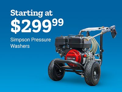 Starting at two hundred ninety-nine dollars and ninety-nine cents. Simpson pressure washers. A gas-powered Simpson pressure washer with large wheels, a hose, and a spray wand is shown.