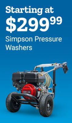Starting at two hundred ninety-nine dollars and ninety-nine cents. Simpson pressure washers. A gas-powered Simpson pressure washer with large wheels, a hose, and a spray wand is shown.