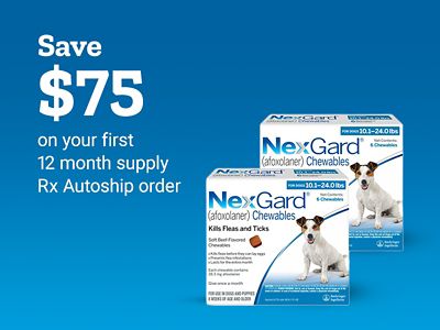 Save seventy-five dollars on your first twelve-month supply Rx Autoship order. Two boxes of NexGard afloaxolaner chewables for dogs are shown.