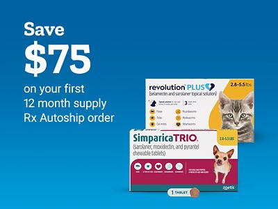 Save seventy-five dollars on your first twelve-month supply Rx Autoship order. Two boxes of NexGard afloaxolaner chewables for dogs are shown.