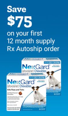 Save seventy-five dollars on your first twelve-month supply Rx Autoship order. Two boxes of NexGard afloaxolaner chewables for dogs are shown.
