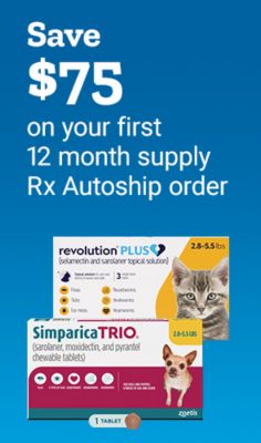 Save seventy-five dollars on your first twelve-month supply Rx Autoship order. Two boxes of NexGard afloaxolaner chewables for dogs are shown.