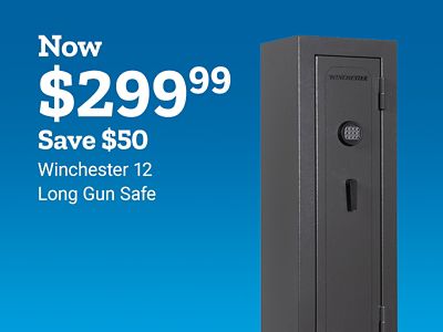 Now two hundred ninety-nine dollars and ninety-nine cents. Save fifty dollars. Winchester twelve long gun safe. A tall gray Winchester gun safe with a digital keypad lock is shown.