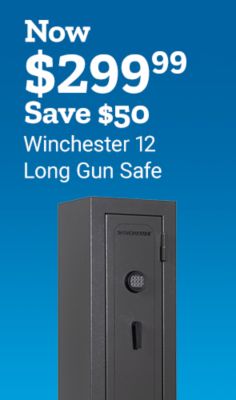 Now two hundred ninety-nine dollars and ninety-nine cents. Save fifty dollars. Winchester twelve long gun safe. A tall gray Winchester gun safe with a digital keypad lock is shown.