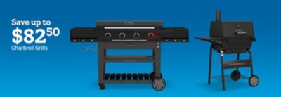 Save up to $82.50 on Charbroil grills. Featured gas grill and charcoal grill models shown.