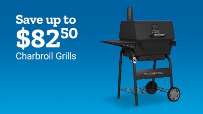 Save up to $82.50 on Charbroil grills. Featured gas grill and charcoal grill models shown.