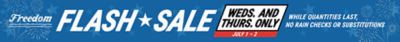 Freedom Flash Sale promotion announcing limited-time savings available Wednesday and Thursday only, July 1–2. Text states “While quantities last, no rain checks or substitutions.” Blue background with fireworks, bold white Flash Sale lettering, star graphic, and red date banner.