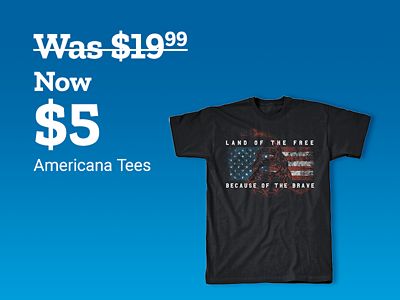 Now $5 Americana tees, regularly $19.99. Patriotic graphic T-shirt shown.