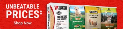 Unbeatable prices‡. Featured products show premium pine shavings, Retriever dog food, deer corn, scratch grains, sweet feed, and wild bird food at Tractor Supply. Shop now.