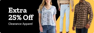 Promotional banner for for clearance apparel.