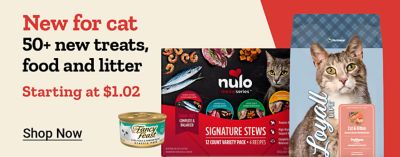 New for cats at Tractor Supply. Shop more than 50 new cat treats, food, and litter products, starting at $0.69. Image shows a variety of cat food and treat brands, including Nulo, Tastefuls, Sheba, and Friskies Lil' Soups. Shop Now.