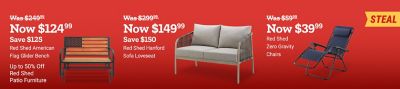 Red Shed American flag glider bench now $124.99, save $125. Save up to 50% on Red Shed patio furniture. American flag glider bench shown.