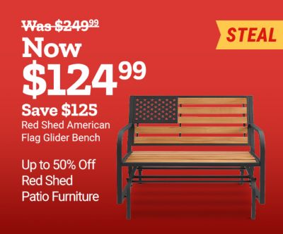 Red Shed American flag glider bench now $124.99, save $125. Save up to 50% on Red Shed patio furniture. American flag glider bench shown.