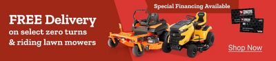 Free delivery on select zero-turn and riding lawn mowers. Special financing available with the Tractor Supply credit card. Image shows a Cub Cadet zero-turn mower, a Cub Cadet riding lawn mower, Tractor Supply credit cards, and a Shop Now button.