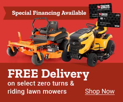 Free delivery on select zero-turn and riding lawn mowers. Special financing available with the Tractor Supply credit card. Image shows a Cub Cadet zero-turn mower, a Cub Cadet riding lawn mower, Tractor Supply credit cards, and a Shop Now button.