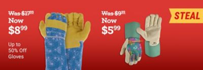 Garden gloves now $8.99 and Wells Lamont work gloves now $5.99. Save 50% on select gloves.
