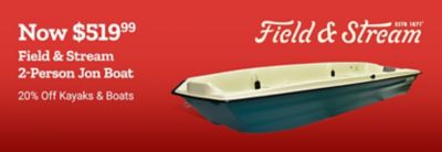 Field & Stream 2-person jon boat now $519.99. Save 20% on kayaks and boats. Two-person jon boat shown.