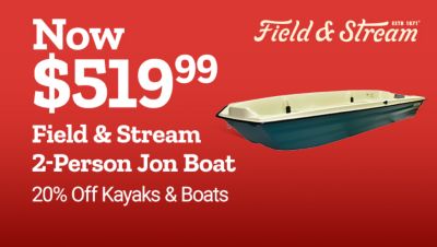 Field & Stream 2-person jon boat now $519.99. Save 20% on kayaks and boats. Two-person jon boat shown.