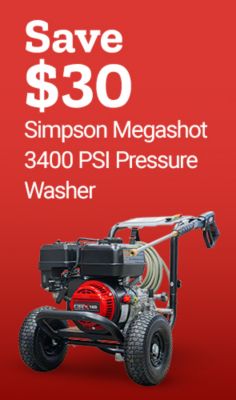 Save $30 on the Simpson Megashot 3400 PSI pressure washer. Image shows a gas-powered Simpson Megashot pressure washer with hose, spray wand, and large wheels.