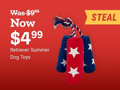 Steal deal on Retriever Summer Dog Toys. Now $4.99, regularly $9.99. Image shows a patriotic red, white, and blue rope dog toy with plush shapes decorated with white stars.