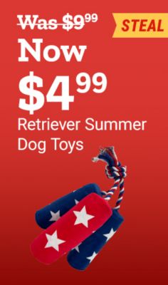 Steal deal on Retriever Summer Dog Toys. Now $4.99, regularly $9.99. Image shows a patriotic red, white, and blue rope dog toy with plush shapes decorated with white stars.