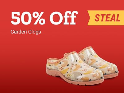 Garden clogs now $9.99. Save up to 50% on garden clogs. Floral garden clogs shown.