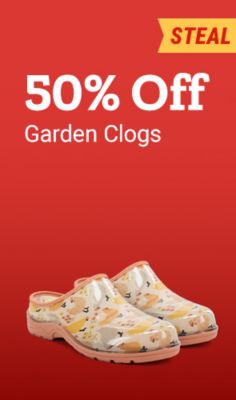 Garden clogs now $9.99. Save up to 50% on garden clogs. Floral garden clogs shown.