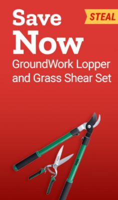 Steal deal on the GroundWork Lopper and Grass Shear Set. Save Now. Image shows a long-handled lopper and matching hand grass shears with green handles.