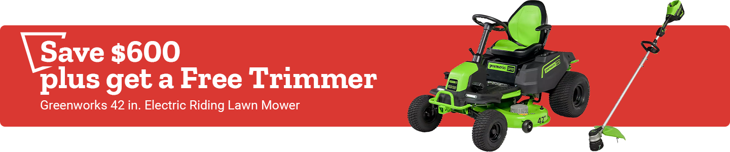 Save $600 plus get a Free Trimmer Greenworks 42 in. Electric Riding Lawn Mower.