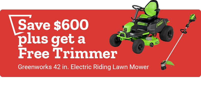 Save $600 plus get a Free Trimmer Greenworks 42 in. Electric Riding Lawn Mower.