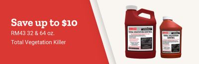 Save up to $10 on RM43 32- and 64-ounce Total Vegetation Killer. RM43 Total Vegetation Control products shown.
