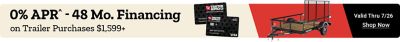 Tractor Supply Company promotion. Get 0 percent APR for 48 months financing on trailer purchases of 1599 dollars or more. Offer valid through July 26. Image shows Carry-On utility trailer and TSC credit cards. Shop Now.