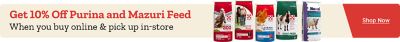 Save 10 percent on Purina and Mazuri animal feed when you buy online and pick up in store. Shop feed for poultry, horses, goats, pigs, and more.