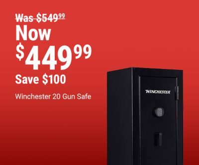 Tractor Supply Company promotion. Winchester 20 gun safe now 449.99 was 549.99. Browning 250th Anniversary limited edition 42 gun safe now 1399.99 was 1799.99 save 150 dollars. Image shows Winchester and Browning gun safes on a red background.
