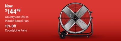Tractor Supply Company promotion. CountyLine 24 inch indoor barrel fan now 144.49. Save 15 percent on CountyLine fans. Image shows a large wheeled barrel fan on a red background.