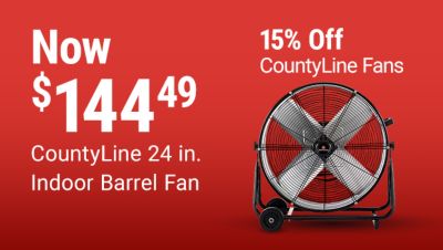 Tractor Supply Company promotion. CountyLine 24 inch indoor barrel fan now 144.49. Save 15 percent on CountyLine fans. Image shows a large wheeled barrel fan on a red background.