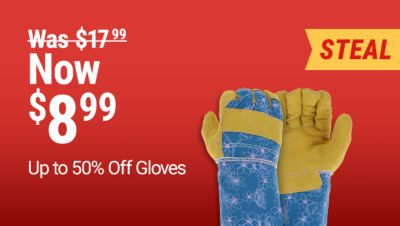 Tractor Supply Company promotion. Save up to 50 percent off gloves. Featured deals include work gloves now 8.99 was 17.99 and garden gloves now 4.99 was 9.99. Image shows leather work gloves, floral gardening gloves, and a green kneeling pad.