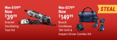 Tractor Supply Company promotion. Featured steal deals include Dremel oscillating tool kit now 39.99 was 139.99 and Bosch cordless 18 volt drill and impact driver combo kit now 149.99 was 279.99. Image shows Dremel oscillating multi tool with accessories and Bosch cordless drill and impact driver kit with batteries, charger, and carrying bag.