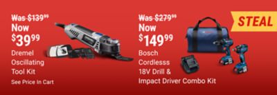 Tractor Supply Company promotion. Featured steal deals include Dremel oscillating tool kit now 39.99 was 139.99, see price in cart, and Bosch cordless 18 volt drill and impact driver combo kit now 149.99 was 279.99. Image shows Dremel oscillating multi tool with accessories and Bosch cordless drill and impact driver kit with batteries, charger, and carrying bag.