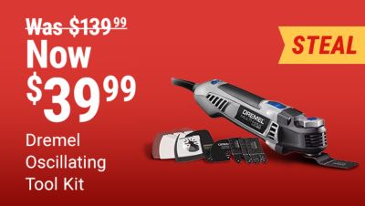 Tractor Supply Company promotion. Featured steal deals include Dremel oscillating tool kit now 39.99 was 139.99 and Bosch cordless 18 volt drill and impact driver combo kit now 149.99 was 279.99. Image shows Dremel oscillating multi tool with accessories and Bosch cordless drill and impact driver kit with batteries, charger, and carrying bag.