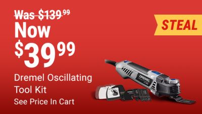 Tractor Supply Company promotion. Featured steal deals include Dremel oscillating tool kit now 39.99 was 139.99, see price in cart, and Bosch cordless 18 volt drill and impact driver combo kit now 149.99 was 279.99. Image shows Dremel oscillating multi tool with accessories and Bosch cordless drill and impact driver kit with batteries, charger, and carrying bag.