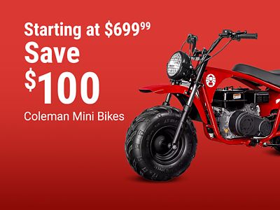 Tractor Supply Company promotion. Save 100 dollars on Coleman mini bikes starting at 699.99. Image shows a red Coleman mini bike on a red background.